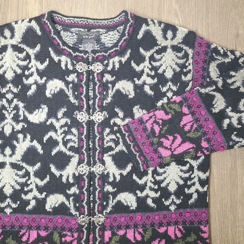 Vtg Skyr Wool Cardigan Womens S Black Gray Pink Floral Nordic Clasp Hong Kong